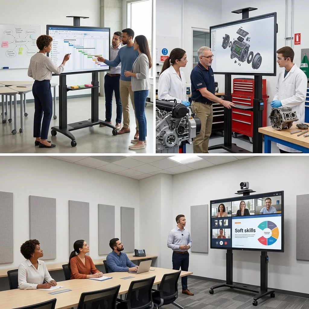 Collage of three images showing different training and presentation environments. The top left image shows a woman pointing at a large digital whiteboard with a project plan, with four people observing. The top right image depicts a man and a woman in a workshop discussing a 3D rendering of a mechanical device on a screen, with equipment and engine parts around. The bottom image features a man giving a presentation to three seated women in a conference room with a large screen displaying a slide on soft skills, with a video conference call on top.