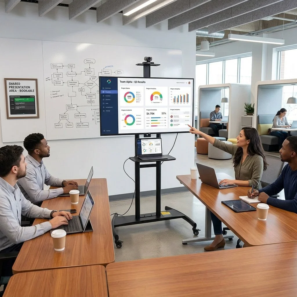 A diverse group of five people in a modern office conference room during a presentation. One woman is pointing at a large screen displaying charts and data, while two men sit at the table with laptops and coffee cups. The background shows additional people working in a co-working space with large windows and natural light.