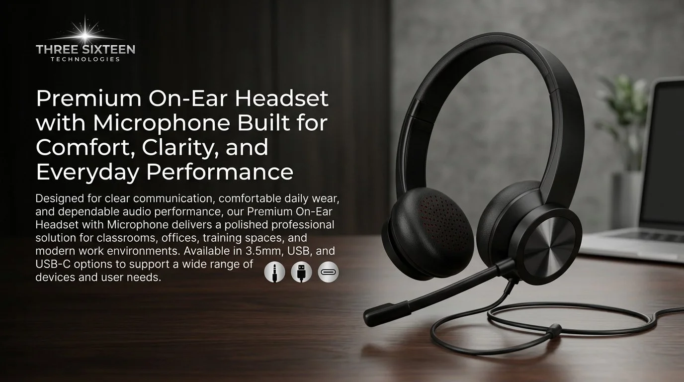 Black over-ear headset with microphone on a wooden desk, with a laptop and a plant in the background.