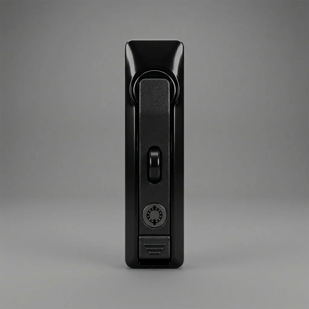 A black electronic device with a display, a dial, and a switch, standing upright on a gray background.