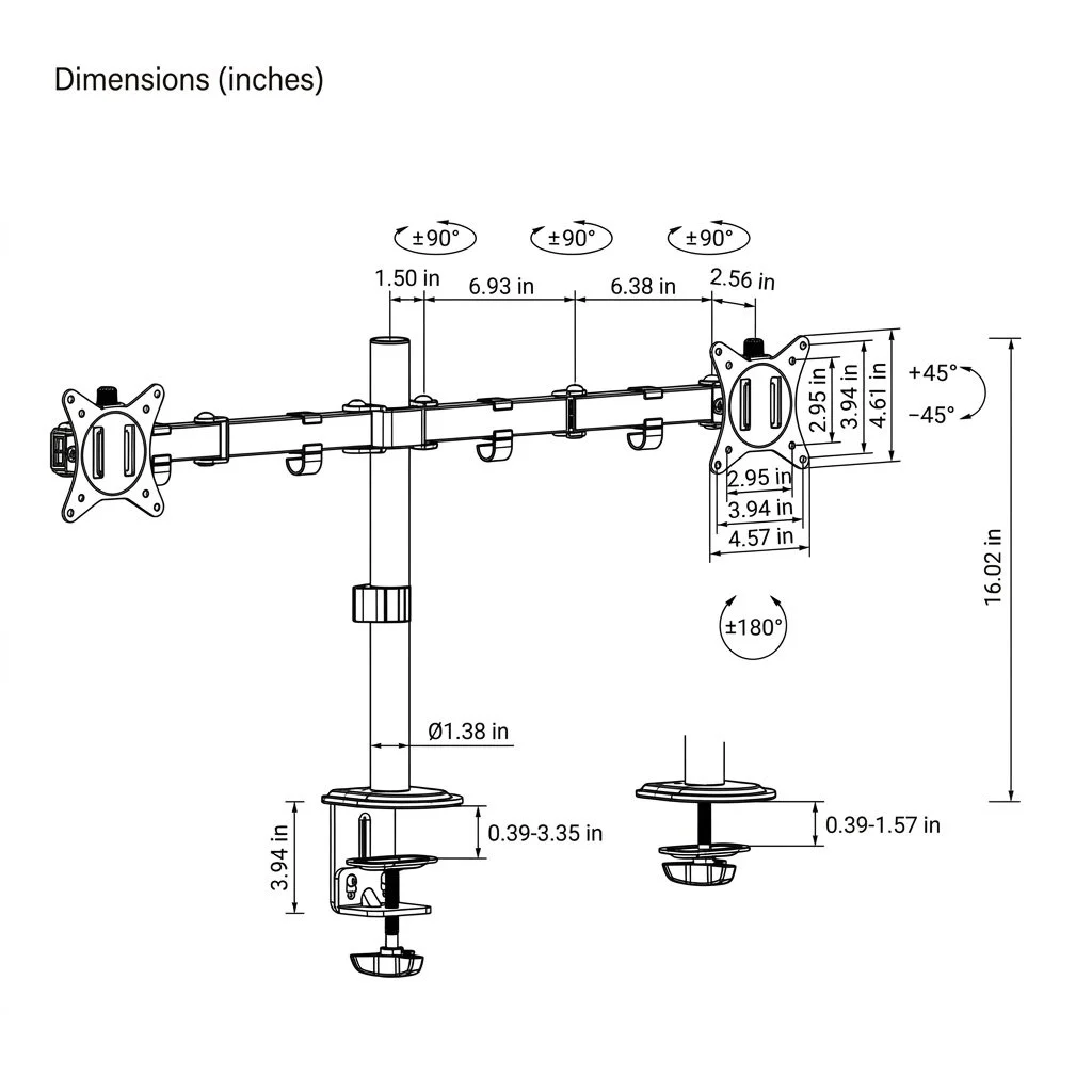 Dimension diagram for the dual monitor arm, including pole height, arm reach, desk thickness, adjustment ranges, and VESA measurements.