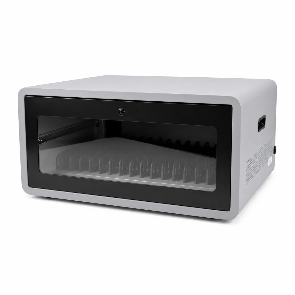Grey and black 16 Unit Charging Cabinet with locking transparent front door and internal device dividers.