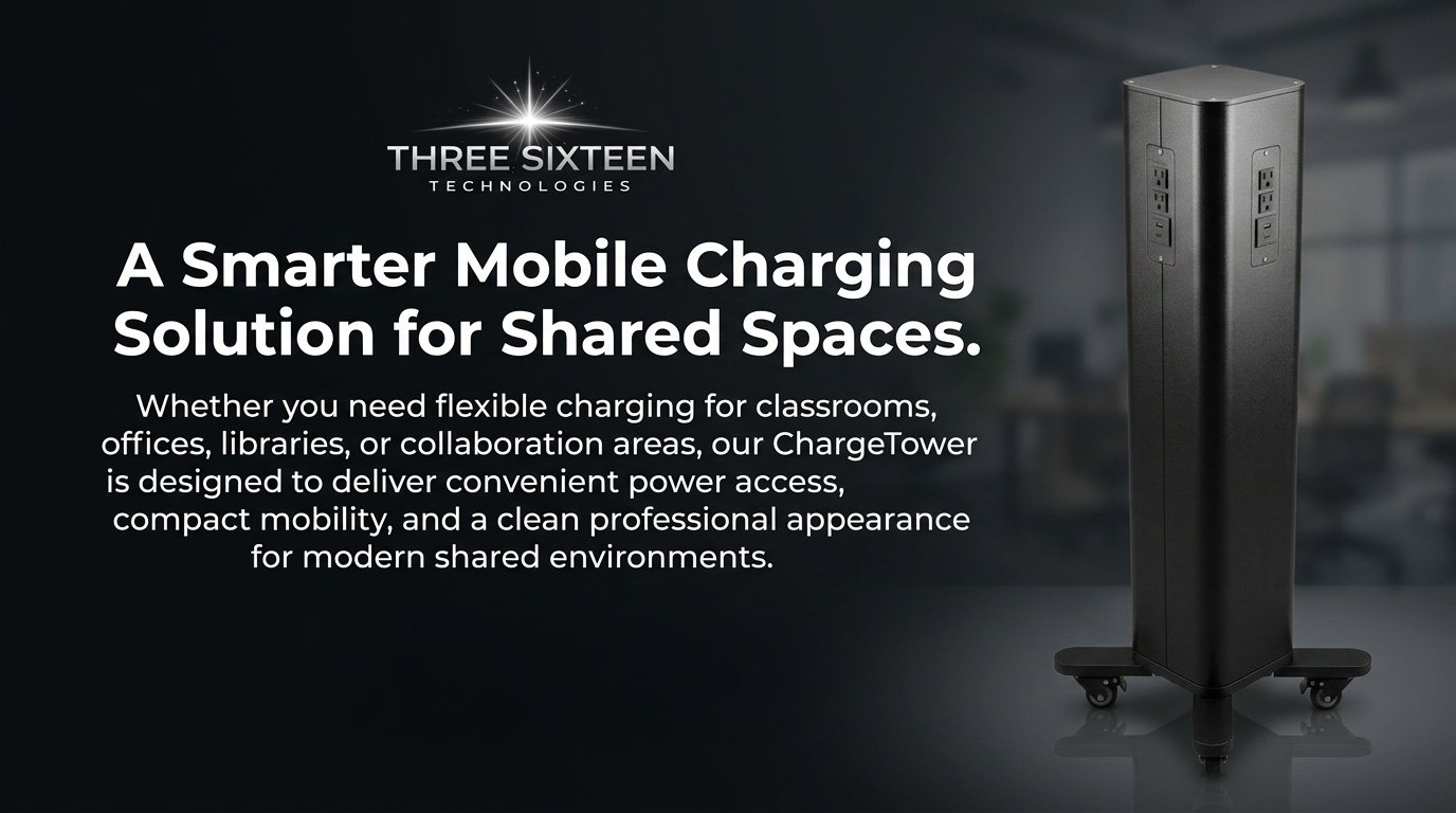 Advertisement for Three Sixteen Technologies ChargeTower, a mobile charging station with multiple outlets on a black, wheeled column for shared spaces.