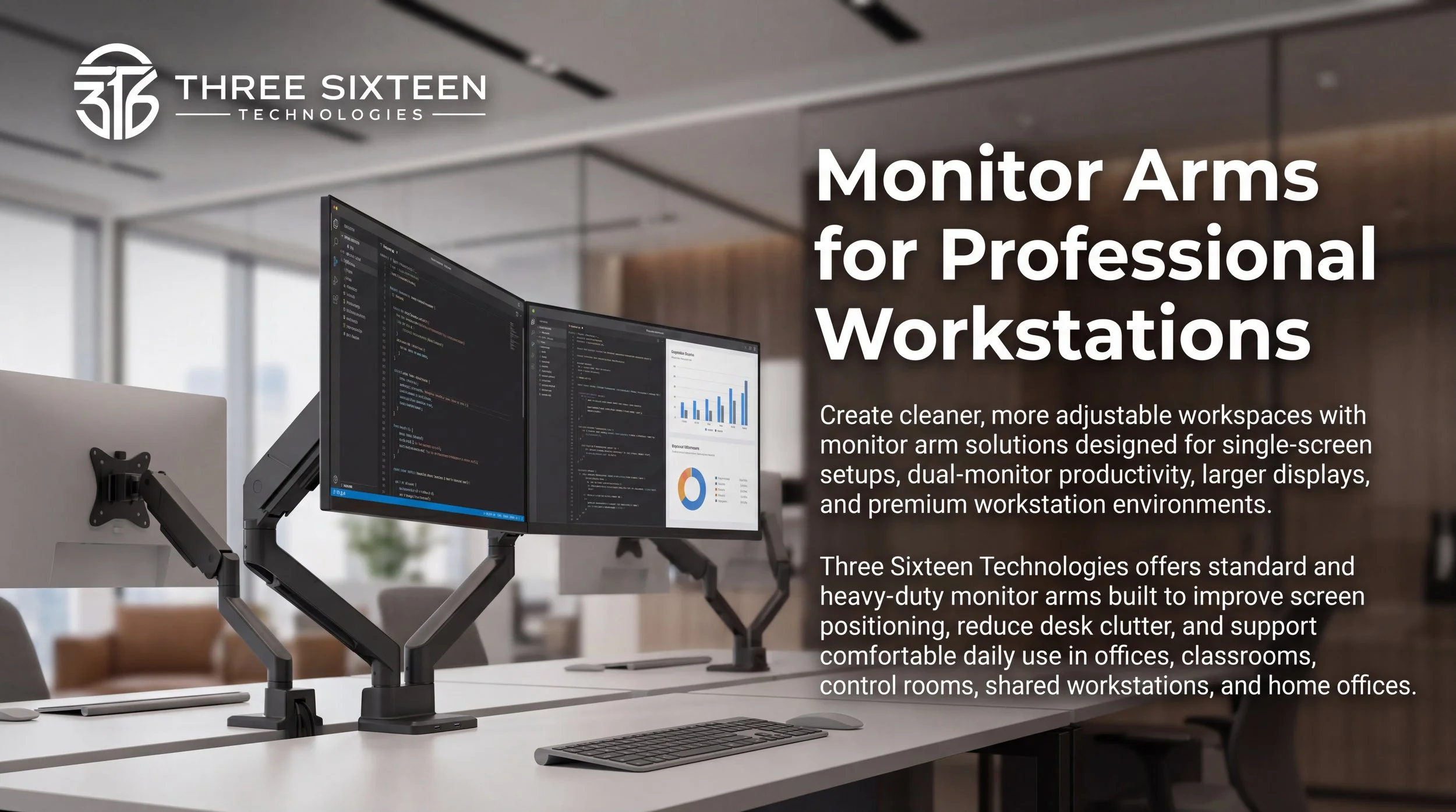 Single and dual monitor arms supporting multiple displays in a professional workstation environment.