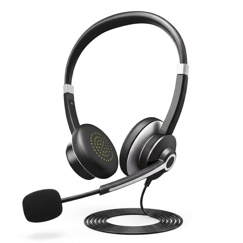 Professional wired headset with a noise-cancelling microphone and inline controls.