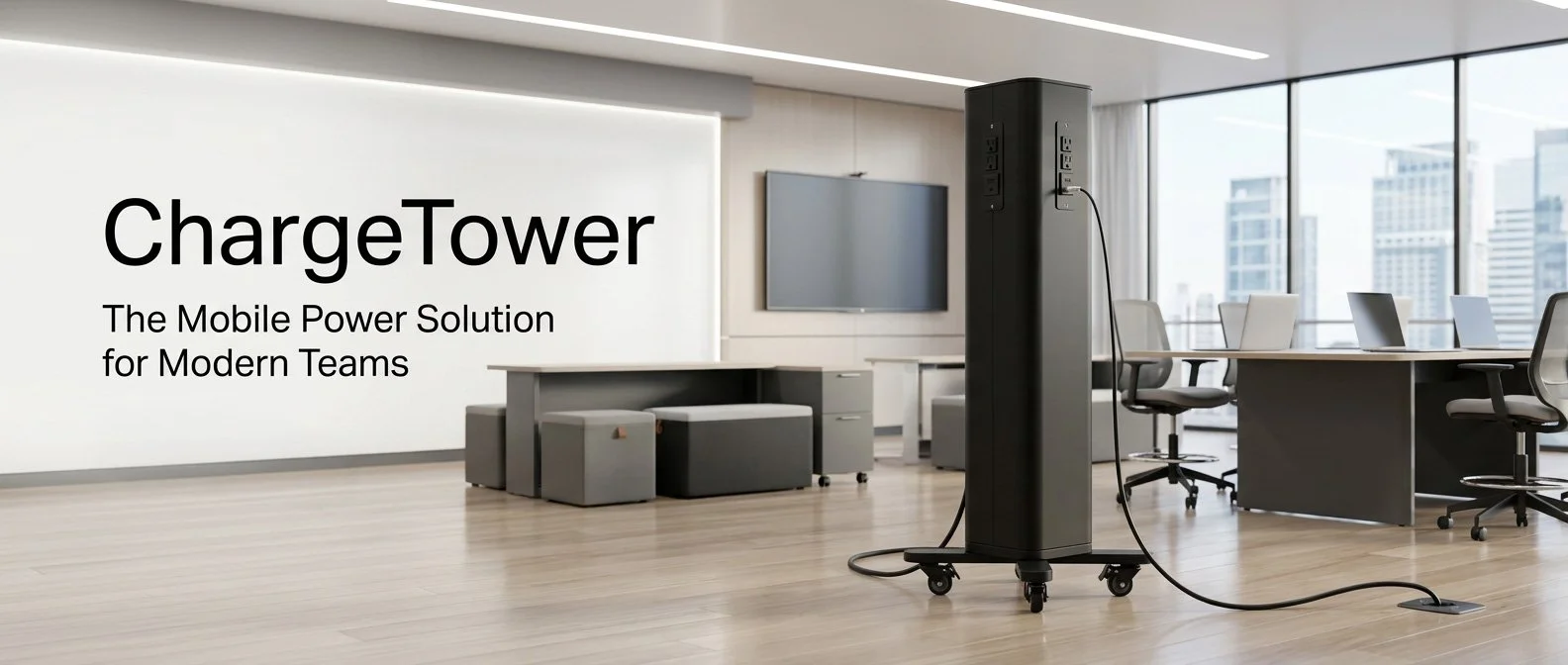 A black mobile charging tower with multiple outlets on wheels in a modern, empty conference room with large windows, desks, chairs, and a wall-mounted TV.
