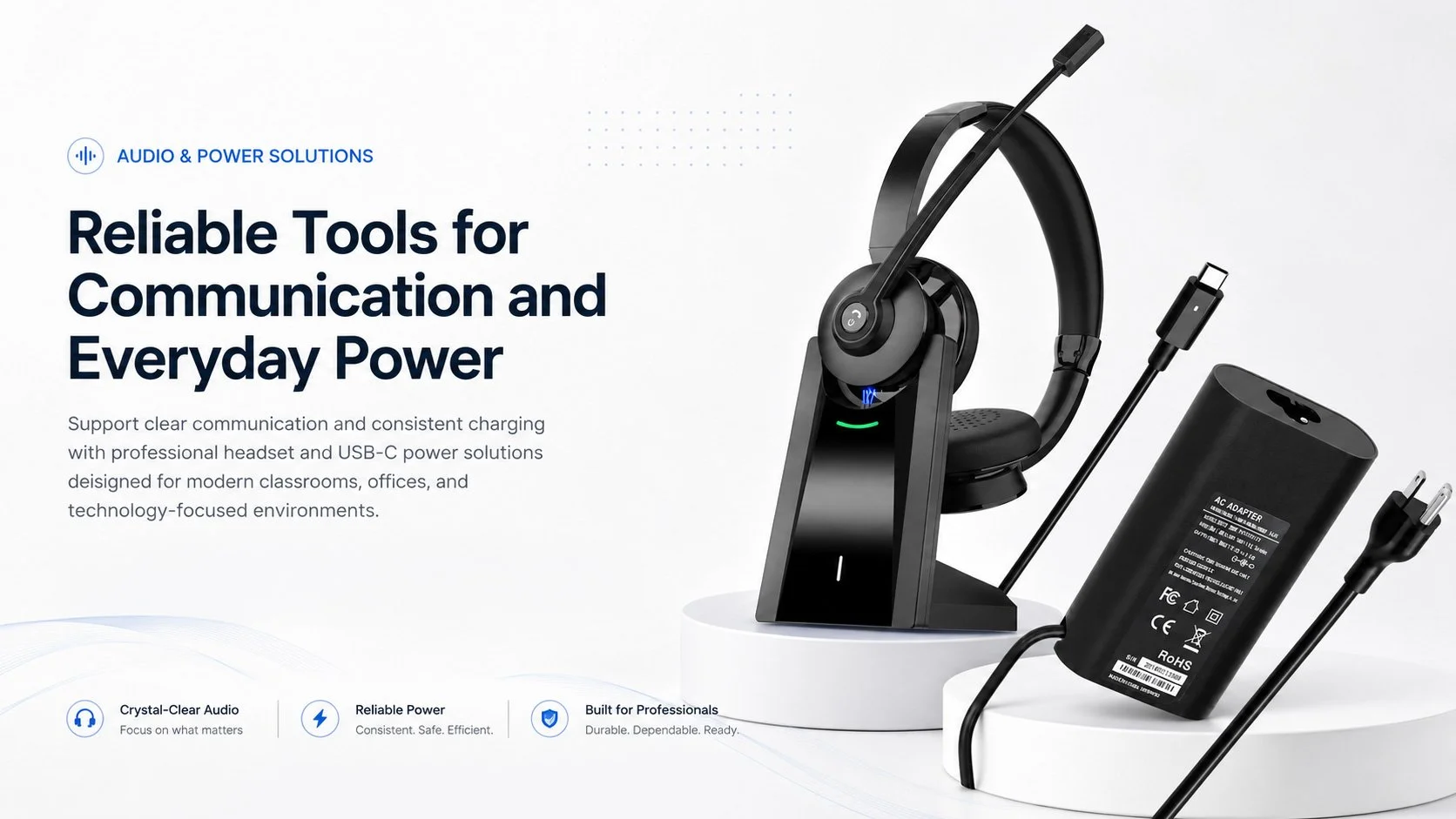 Professional wireless headset with charging dock and USB-C power adapter.