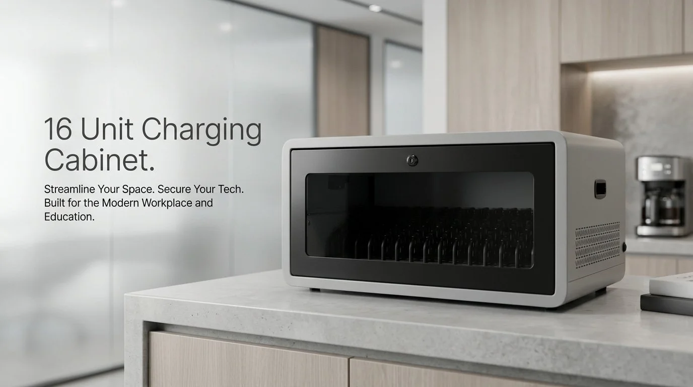 A modern black and gray 16-unit charging cabinet with a glass door on a kitchen countertop, with wooden cabinets and a coffee maker in the background.