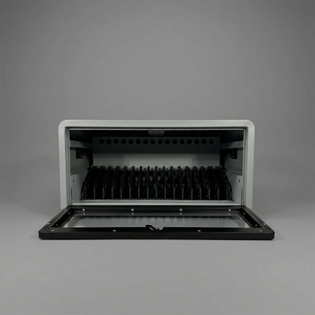 An empty laboratory equipment incubator or oven with a glass door, showing empty racks and interior lights.