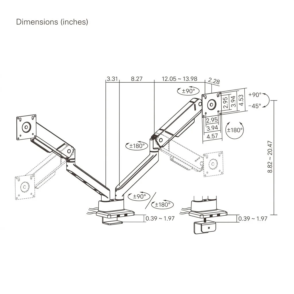 Dimension diagram for the LiftMax dual monitor arm, including arm reach, height adjustment, desk thickness, weight capacity, and VESA measurements.