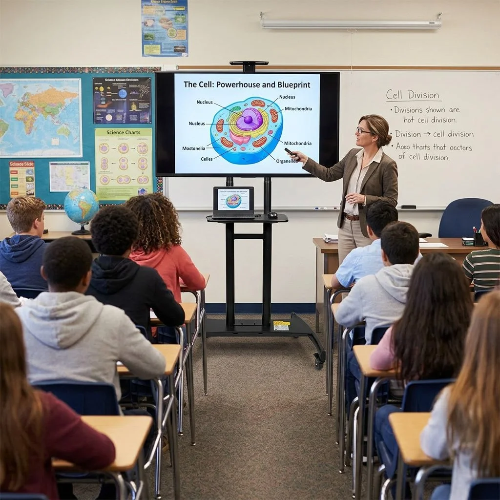 A teacher gives a science lesson on the cell to a classroom of students. The teacher stands next to a large digital display showing a labeled diagram of a cell, and she points at it with her right hand. The classroom has educational posters, a world map, and a globe on a desk. Students are seated at desks, facing the teacher and screen, paying attention to the lesson.