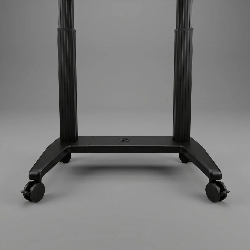 A black, adjustable-height from-profile standing table or cart with four caster wheels on a gray background.
