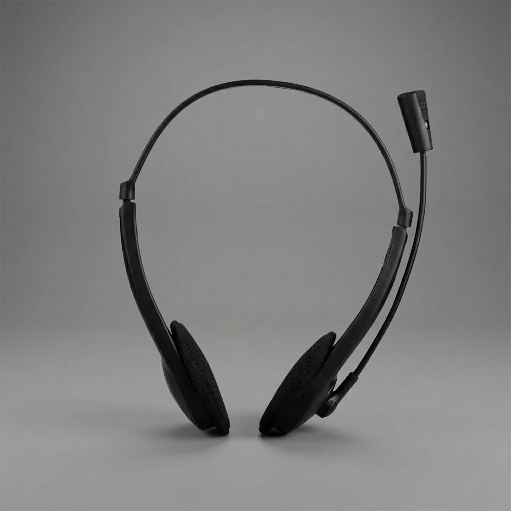 Black headset with microphone on a gray background