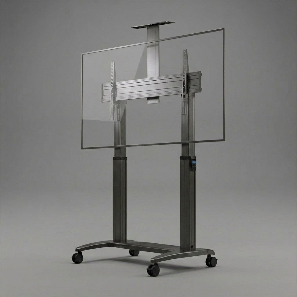 A rolling mobile stand with a metal frame holding a large clear glass or acrylic panel.
