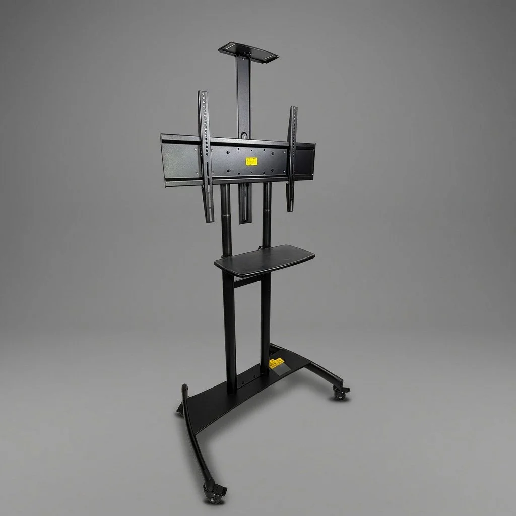 A black adjustable TV or monitor mount stand with wheels and a small tray, shown against a plain gray background.