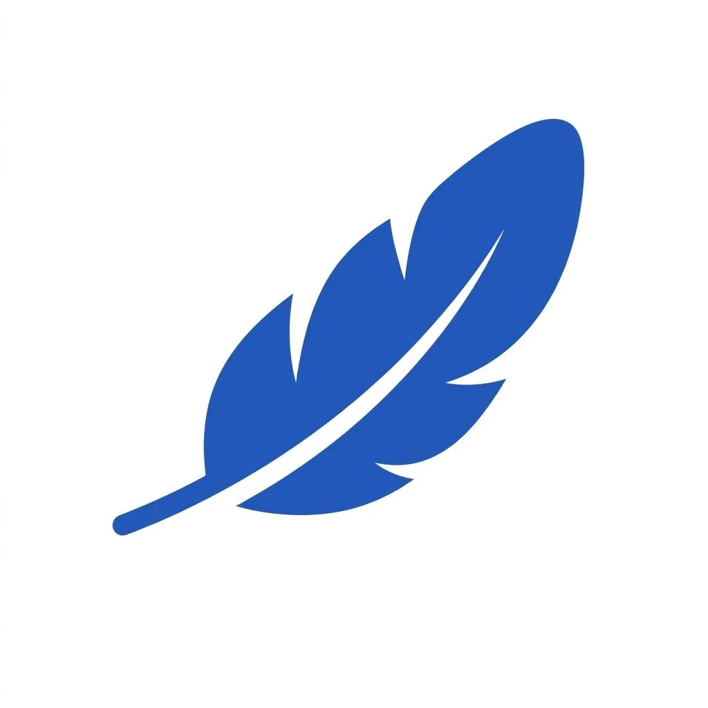 A simple blue icon of a feather on a white background.