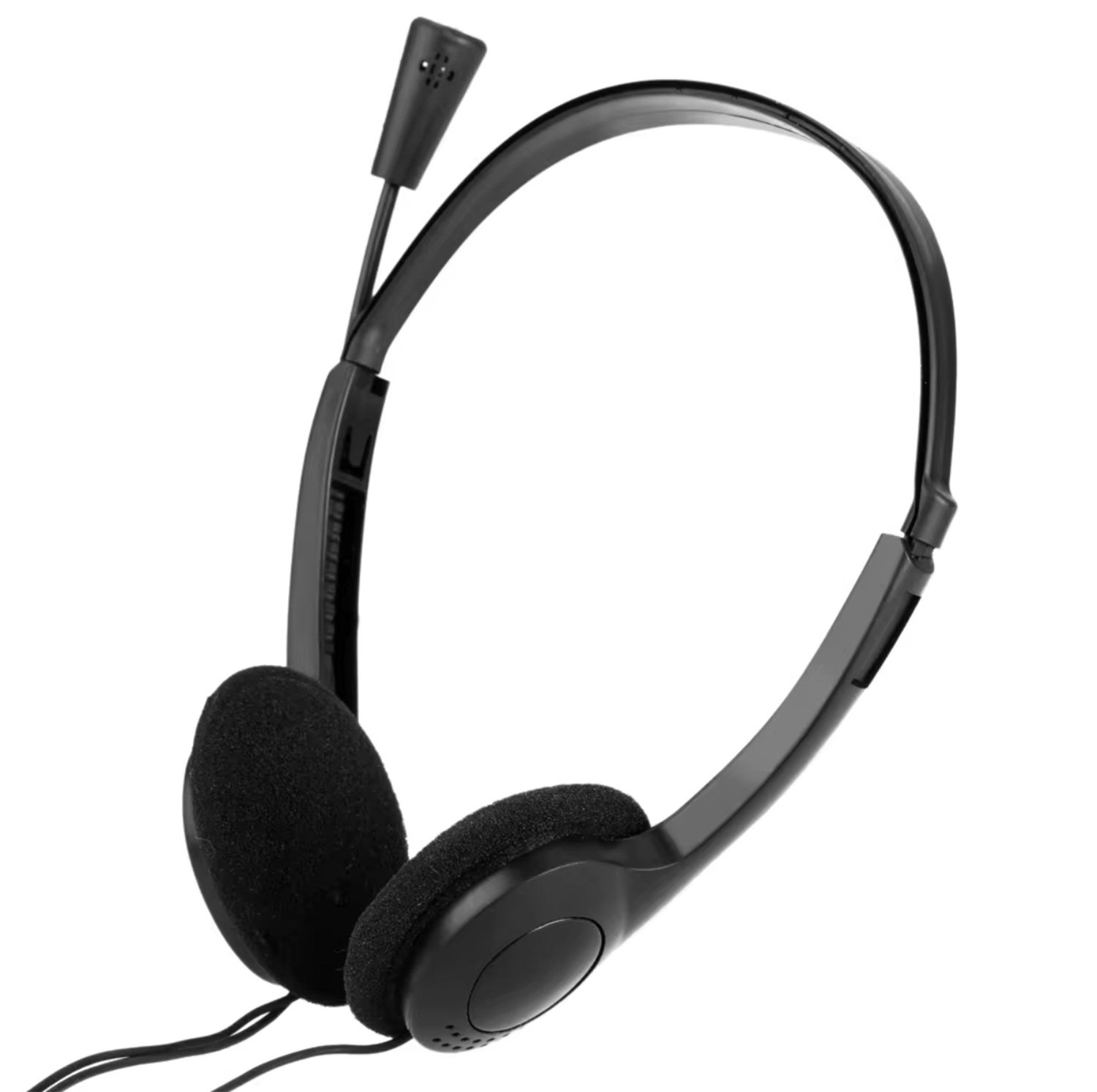 Black lightweight on-ear headset with soft foam ear cushions and an integrated microphone.