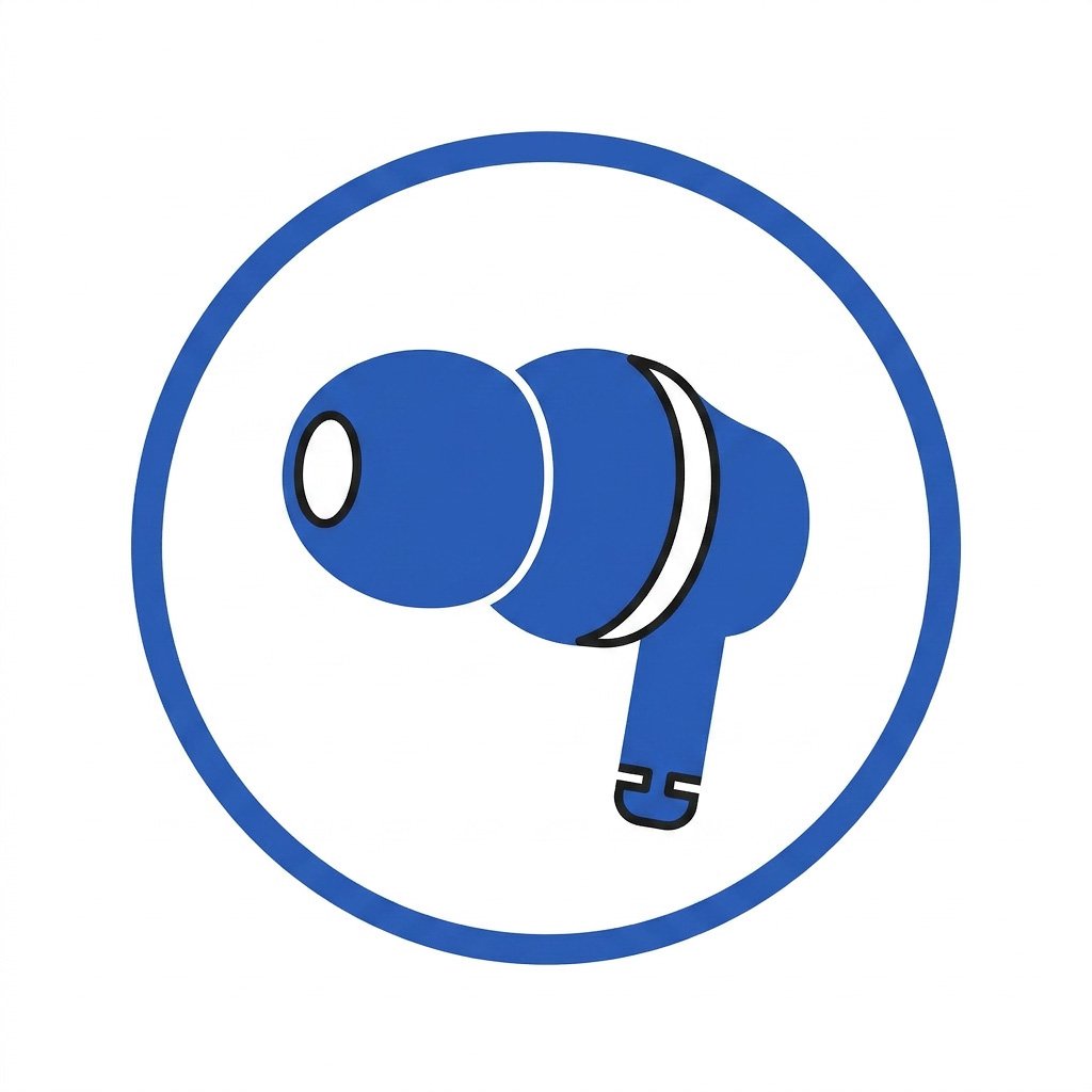 Illustration of a blue wireless earbud inside a circular border.