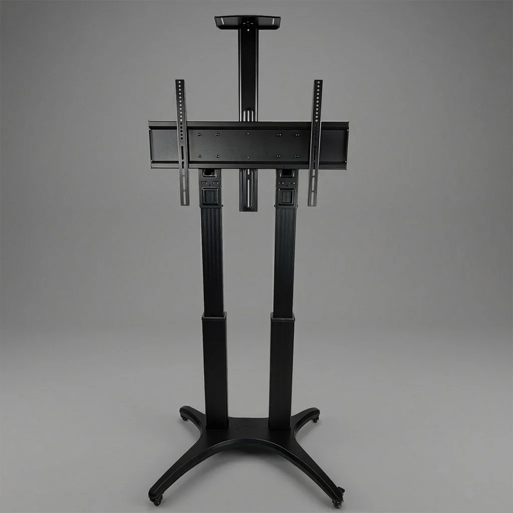 Black TV or monitor wall mount stand with adjustable brackets on a gray background.
