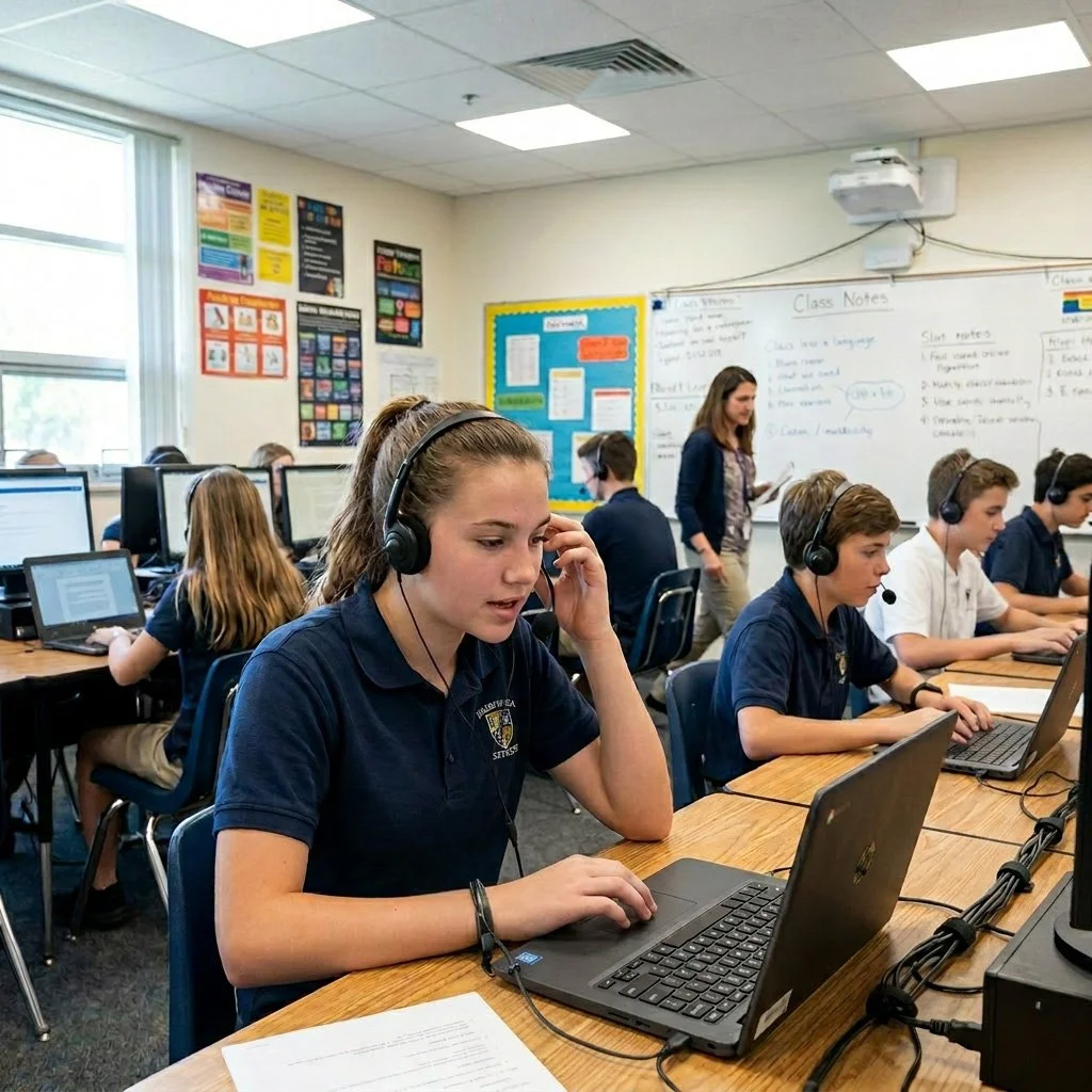 Students in a classroom working on laptops, with a teacher at the whiteboard.
