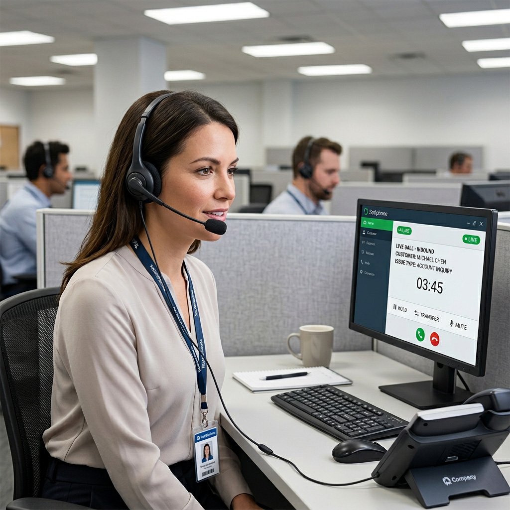 A woman working at a call center with a headset, sitting at a desk with a computer screen displaying a call details, a mug, a notepad, and a pen.