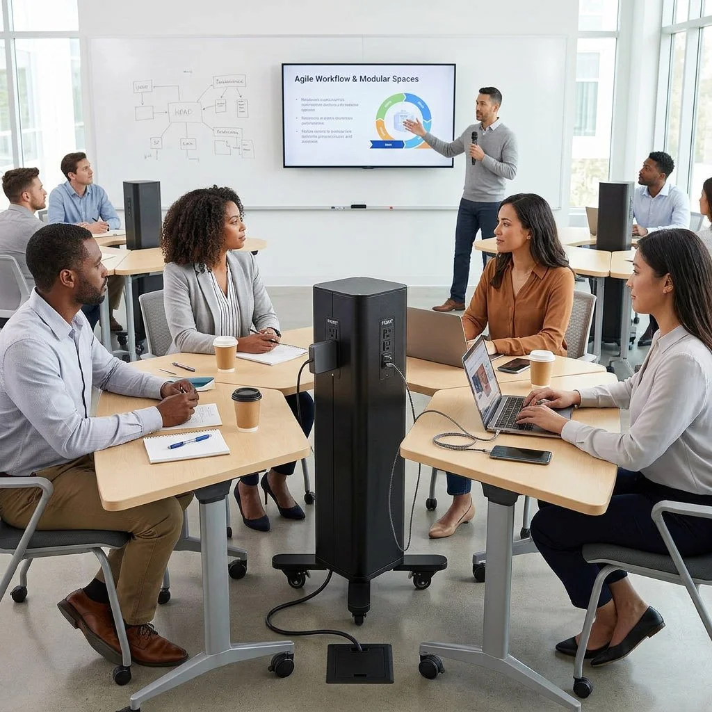 A diverse group of people in a meeting room attending a presentation about agile workflow and modular spaces. The presenter is standing next to a large screen displaying a diagram and text, while the audience is seated at tables with laptops, notebooks, and coffee cups.