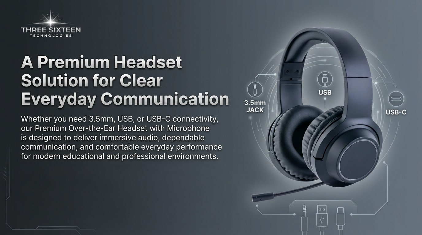 Image of a black over-the-ear headset with a microphone, connected to a computer via USB and USB-C, with icons and text describing its features for everyday communication.