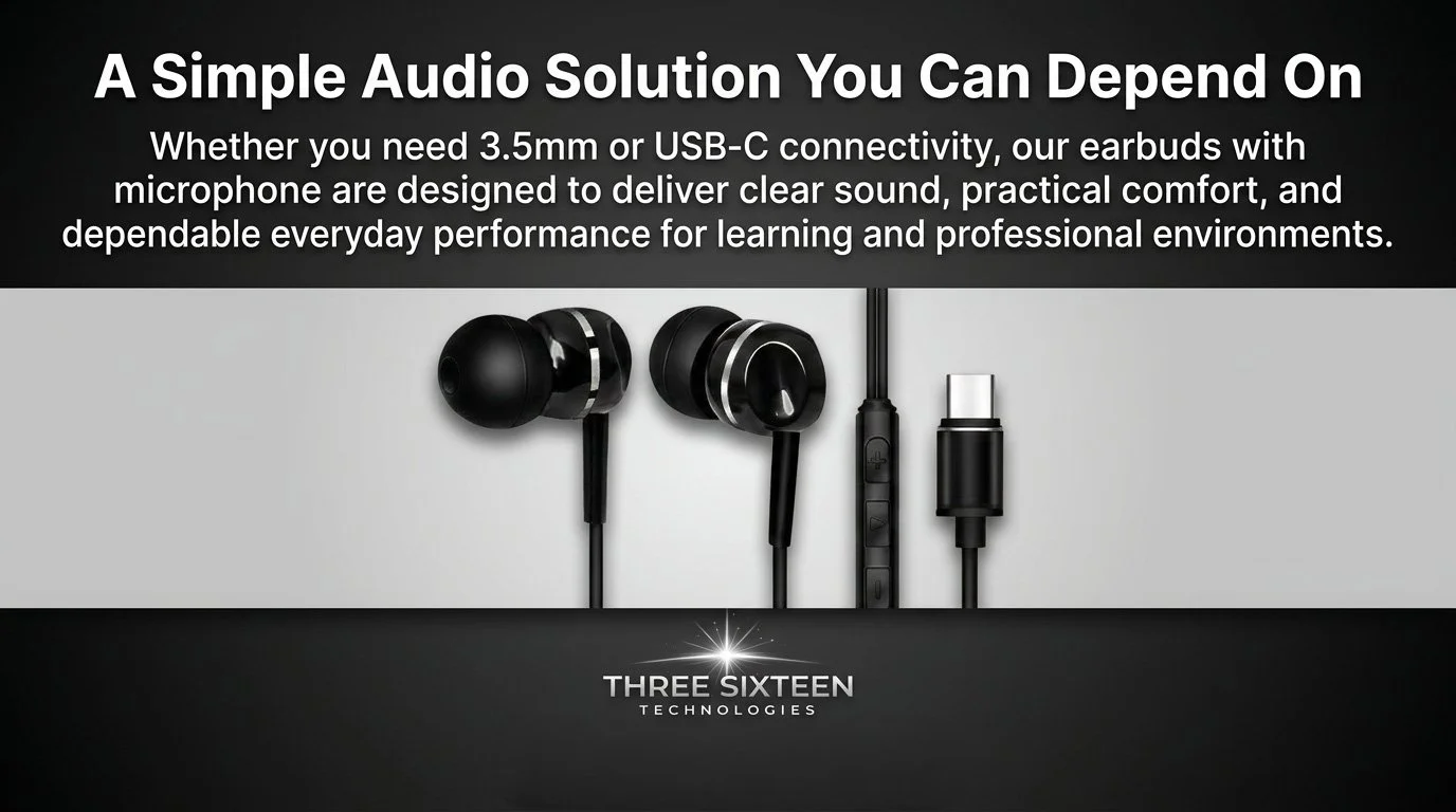 Image advertising a simple audio solution with black wired earbuds, a control module, and a USB-C connector, with text emphasizing clear sound and comfort from Three Sixteen Technologies.