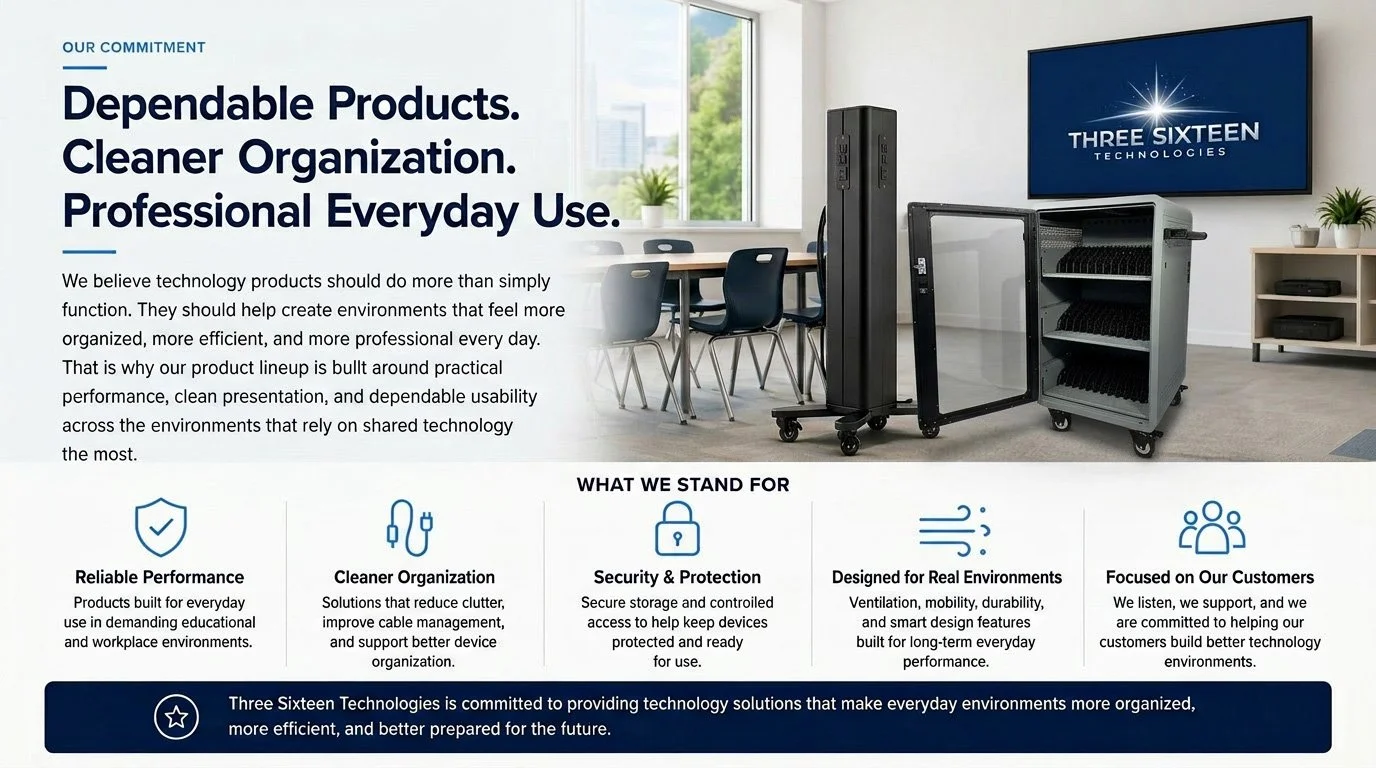 A promotional image for Three Sixteen Technologies showing a conference room with a monitor, shelving unit, and some equipment, with text highlighting their commitment to dependable products, cleaner organization, professional everyday use, and their values of reliable performance, security, design for real environments, and customer focus.