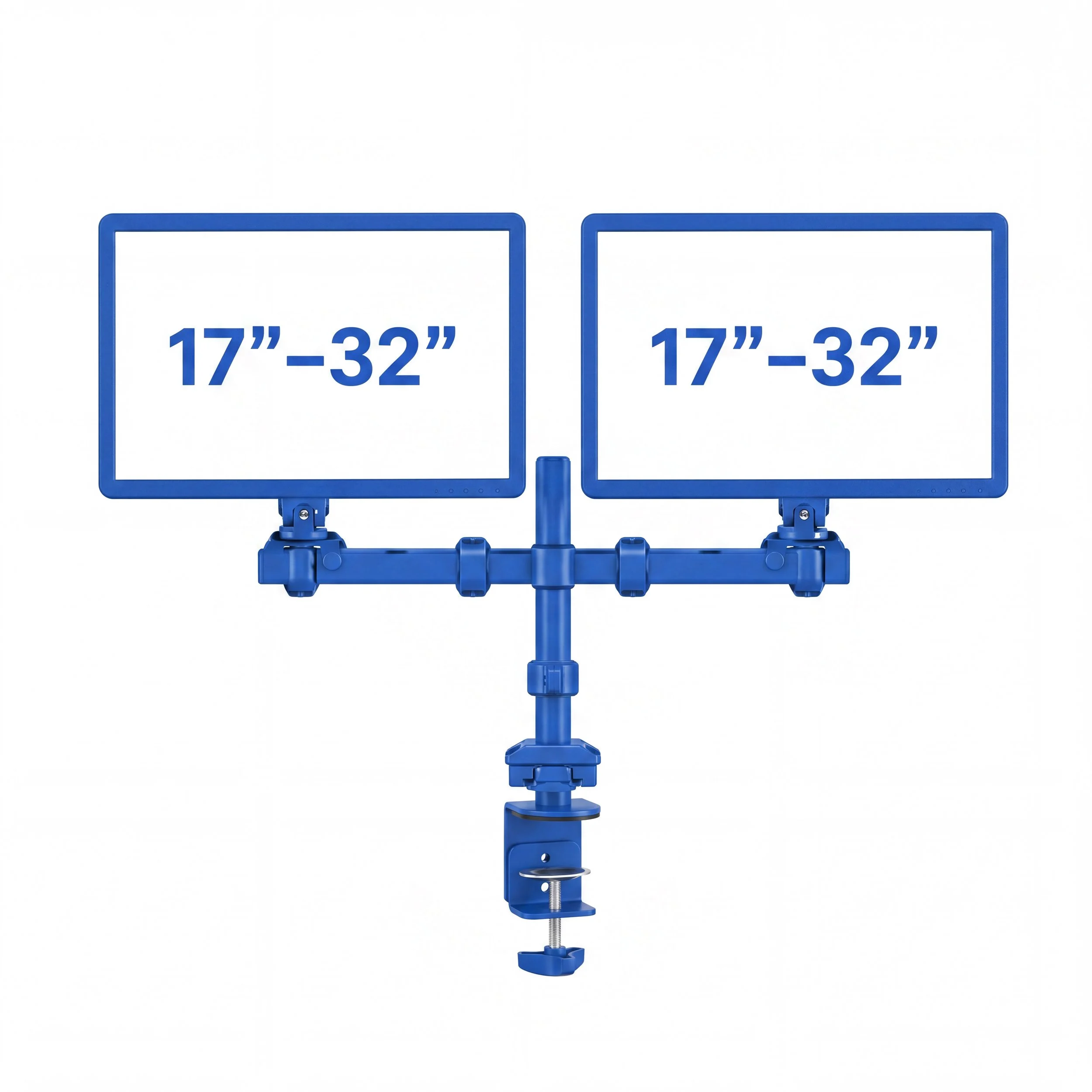 Matte-black dual monitor arm supporting two 17–32-inch screens side by side.