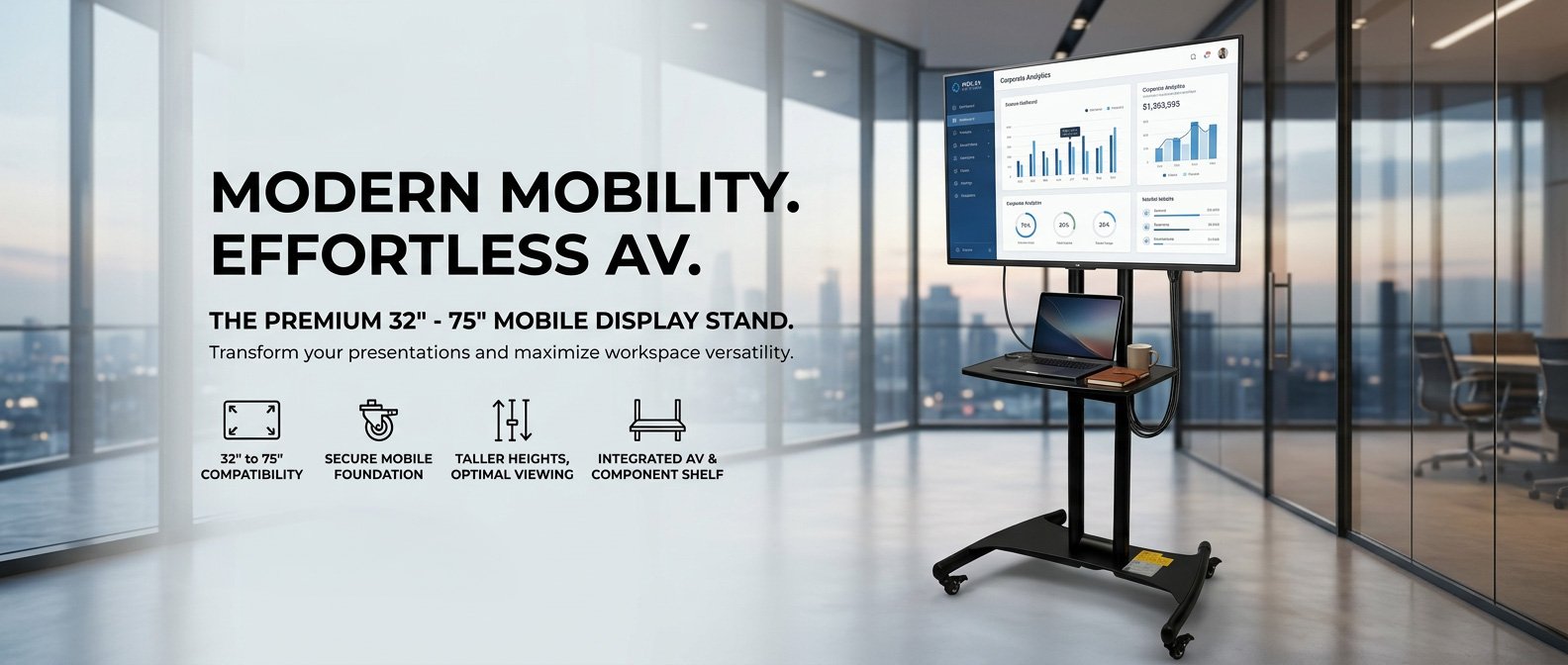 A mobile display stand with a large screen in a modern office space with glass walls, offering compatibility from 32 to 75 inches, built-in shelf, and adjustable height.