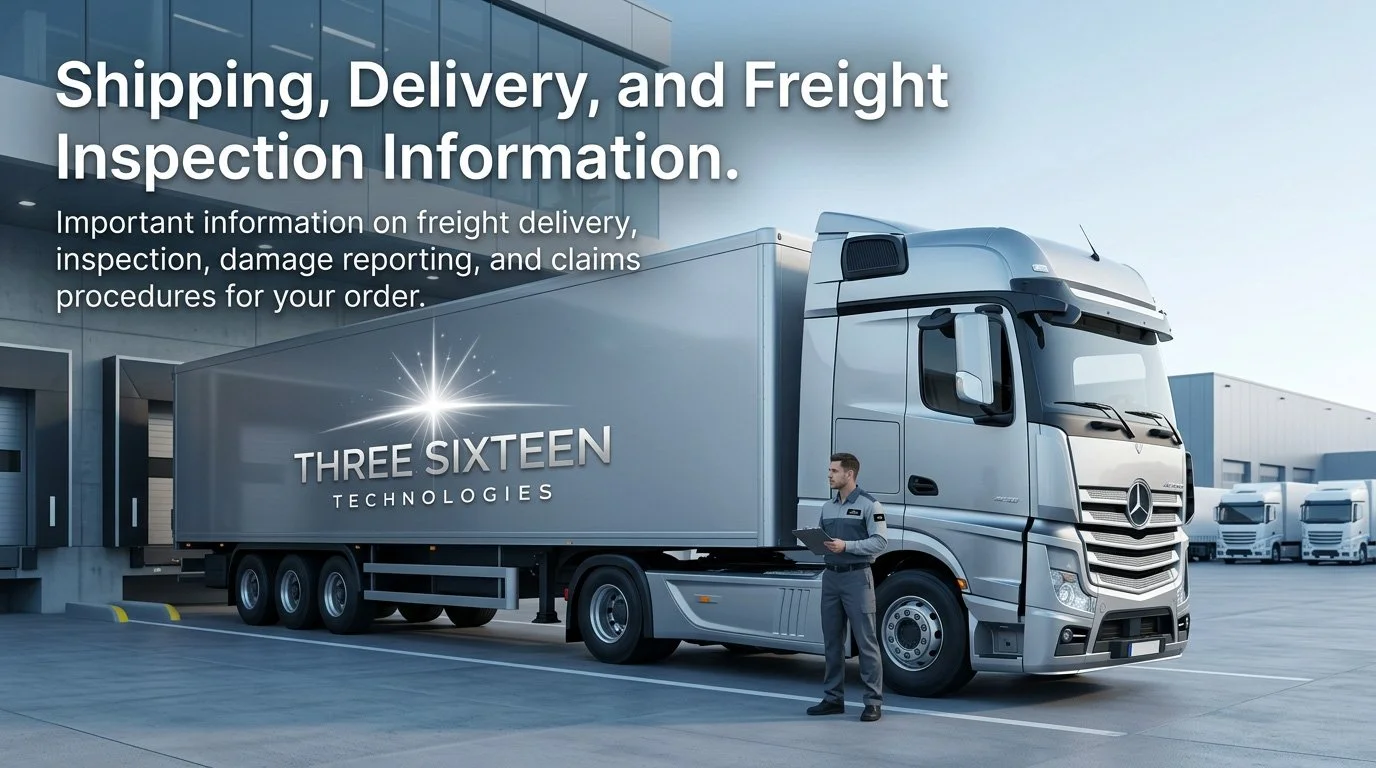 A large silver Mercedes-Benz semi-truck parked outside a modern warehouse, with a man in a gray uniform holding a clipboard standing beside it, during daytime. The truck has the logo for Three Sixteen Technologies and a message about shipping, delivery, and freight inspection information.