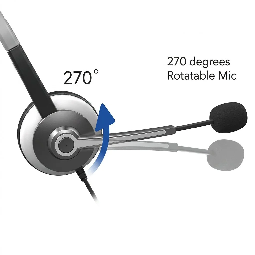 Professional headset showing the 270-degree rotatable boom microphone.