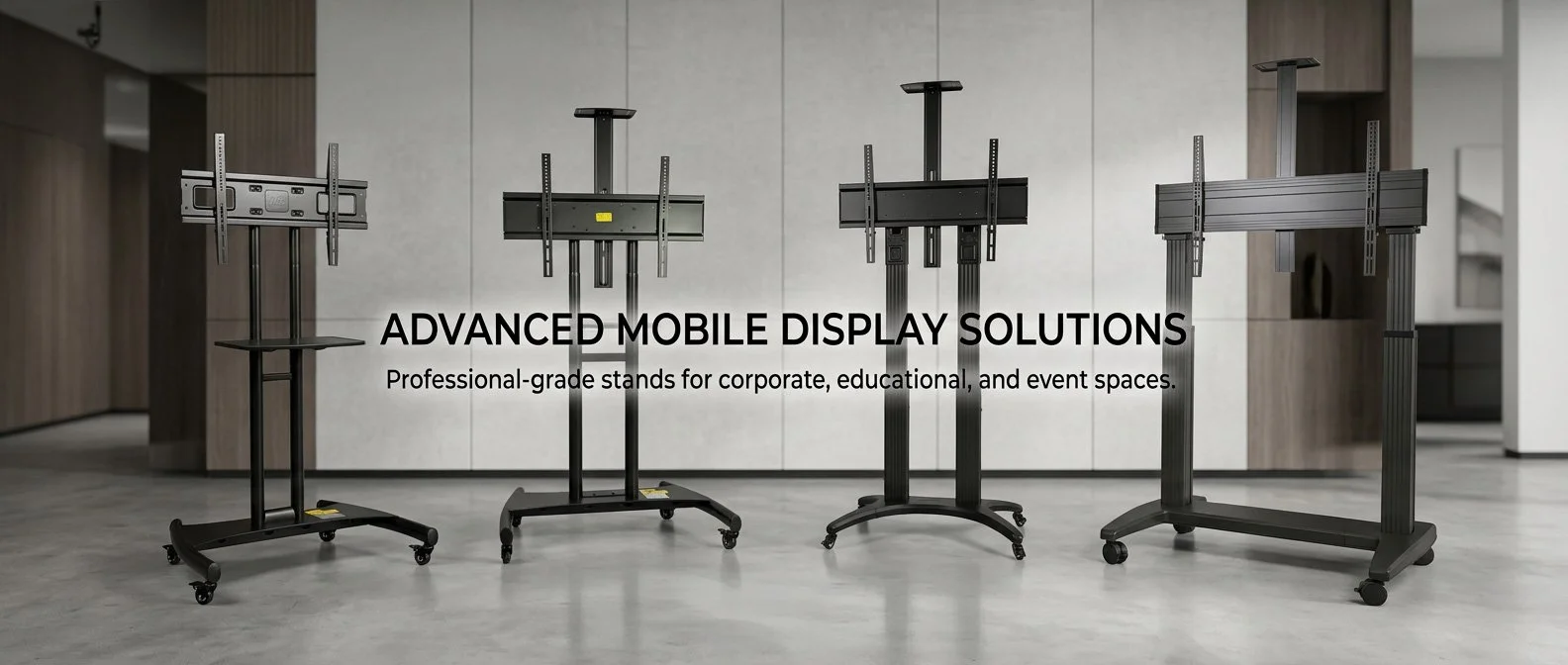 Four black mobile display stands with adjustable mounts, set against a modern interior background, used for corporate, educational, and event presentations.