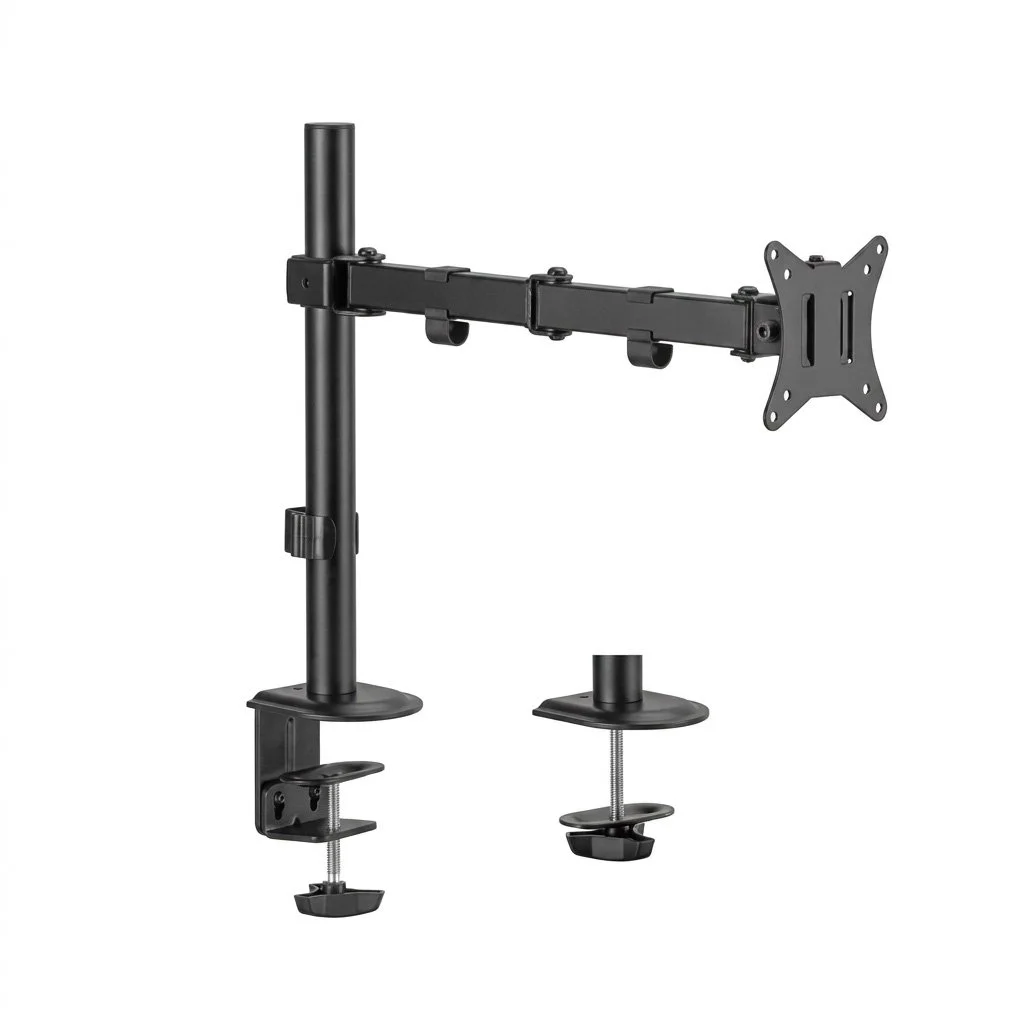 Single monitor arm shown with clamp and grommet desk-mounting hardware.