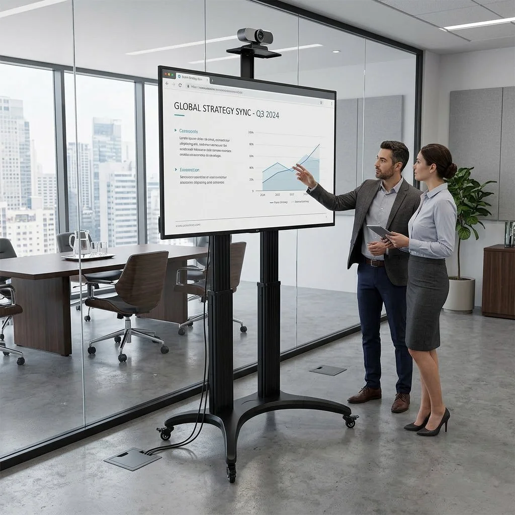 Two business professionals, a man and a woman, are giving a presentation in a modern conference room with large windows. The man is pointing at a large screen displaying a graph titled 'Global Strategy Sync - Q3 2024,' while the woman holds a tablet and listens attentively.