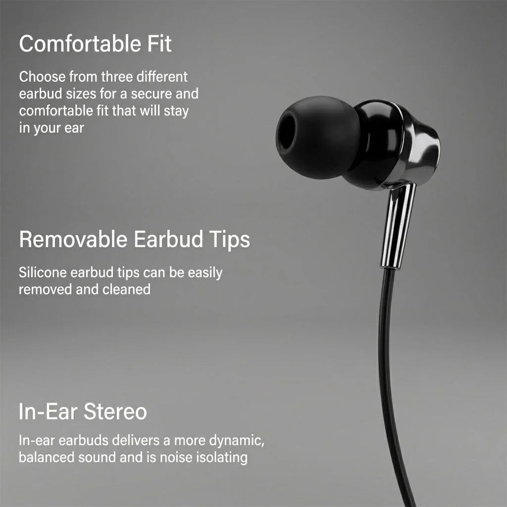 Close-up of a black in-ear earbud with text explaining features, including comfortable fit, removable silicone earbud tips, and in-ear stereo sound.