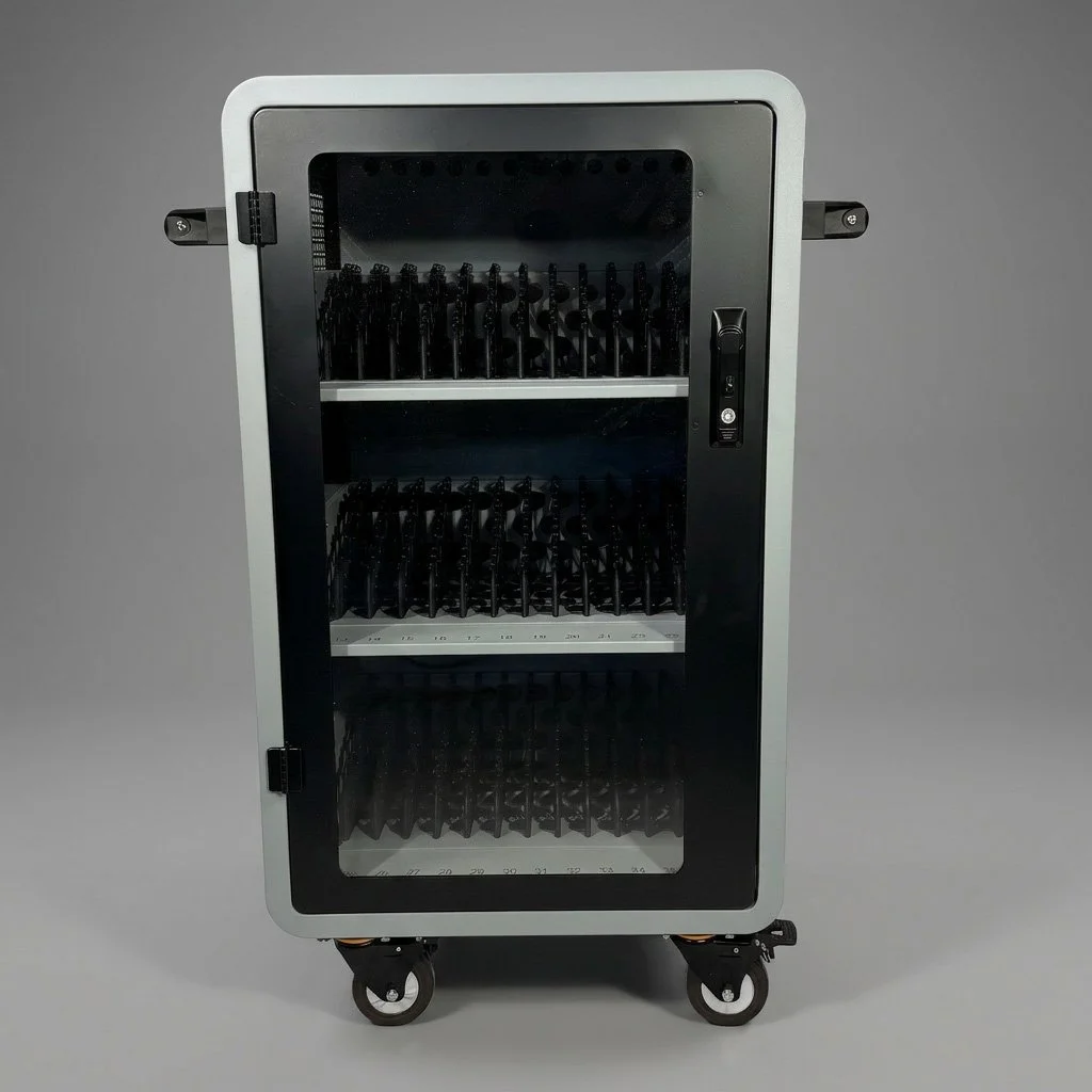 A modern mobile wine cooler with a glass door and black interior racks, on wheels for easy transport.