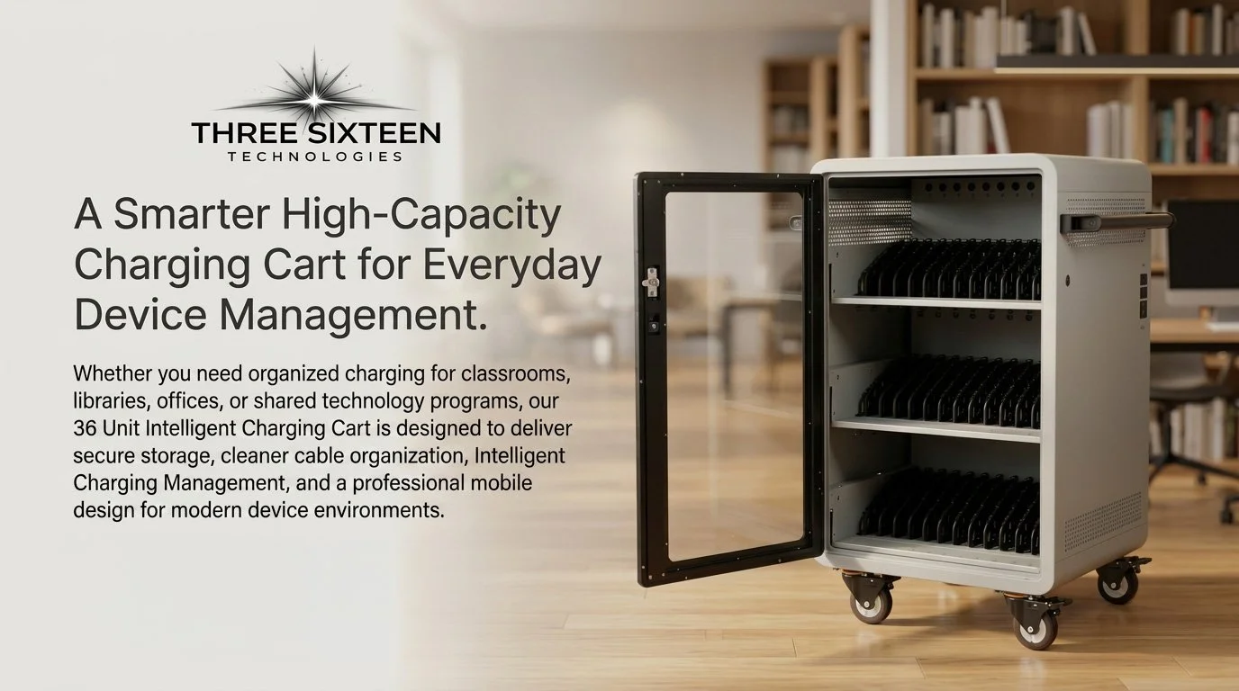 A grey mobile charging cart with multiple slots filled with black electronic devices, situated in a room with wooden floors and bookshelves in the background.