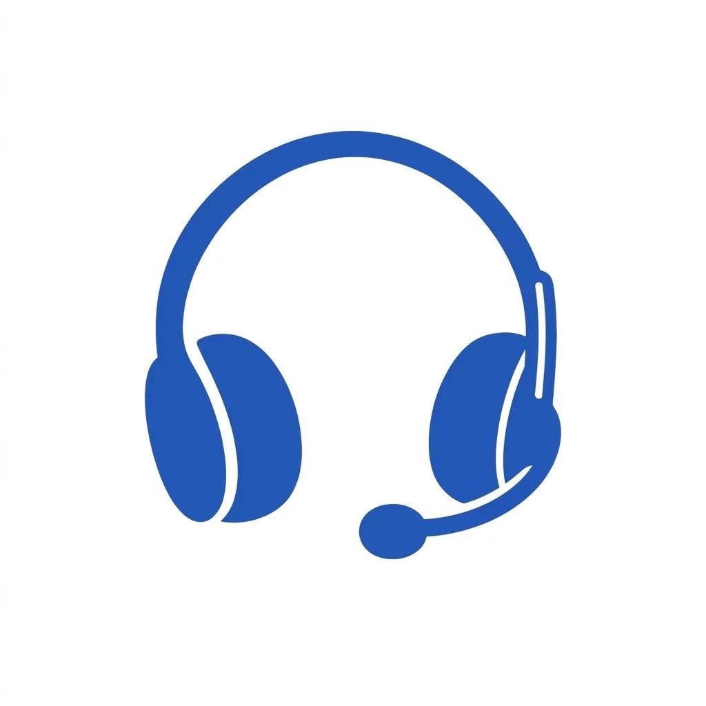 Blue headset with microphone icon on a white background.