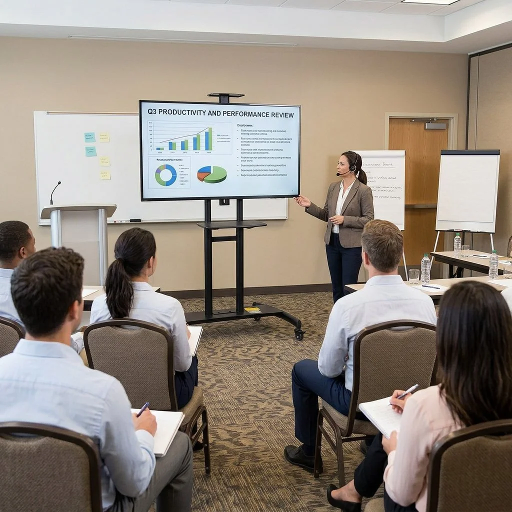 A woman in business attire giving a presentation on productivity and performance review to a seated audience in a conference room, with a large screen displaying charts and graphs.