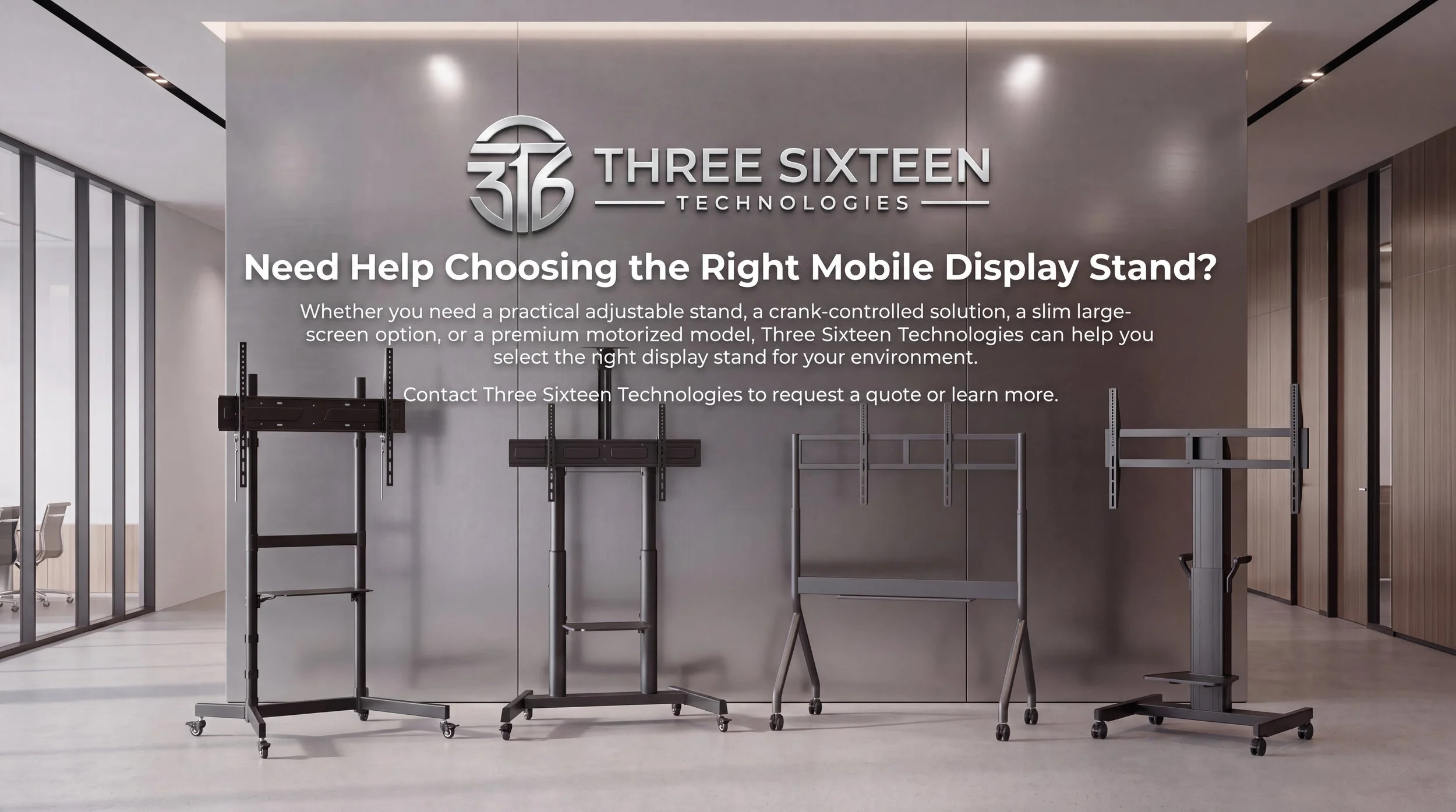 Four mobile display stand models displayed together in a professional interior.