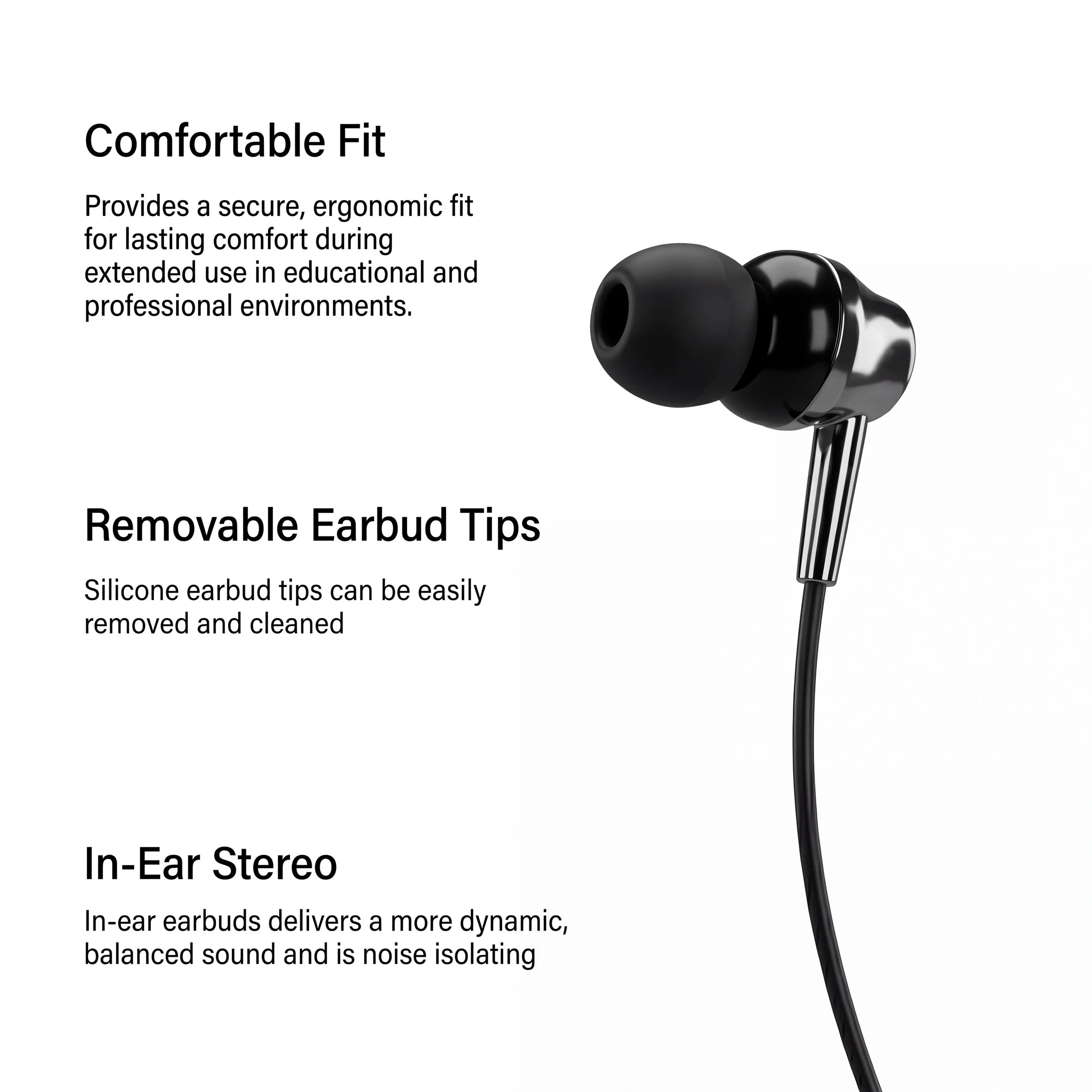 Close-up of the silicone in-ear tip on the wired earbuds.