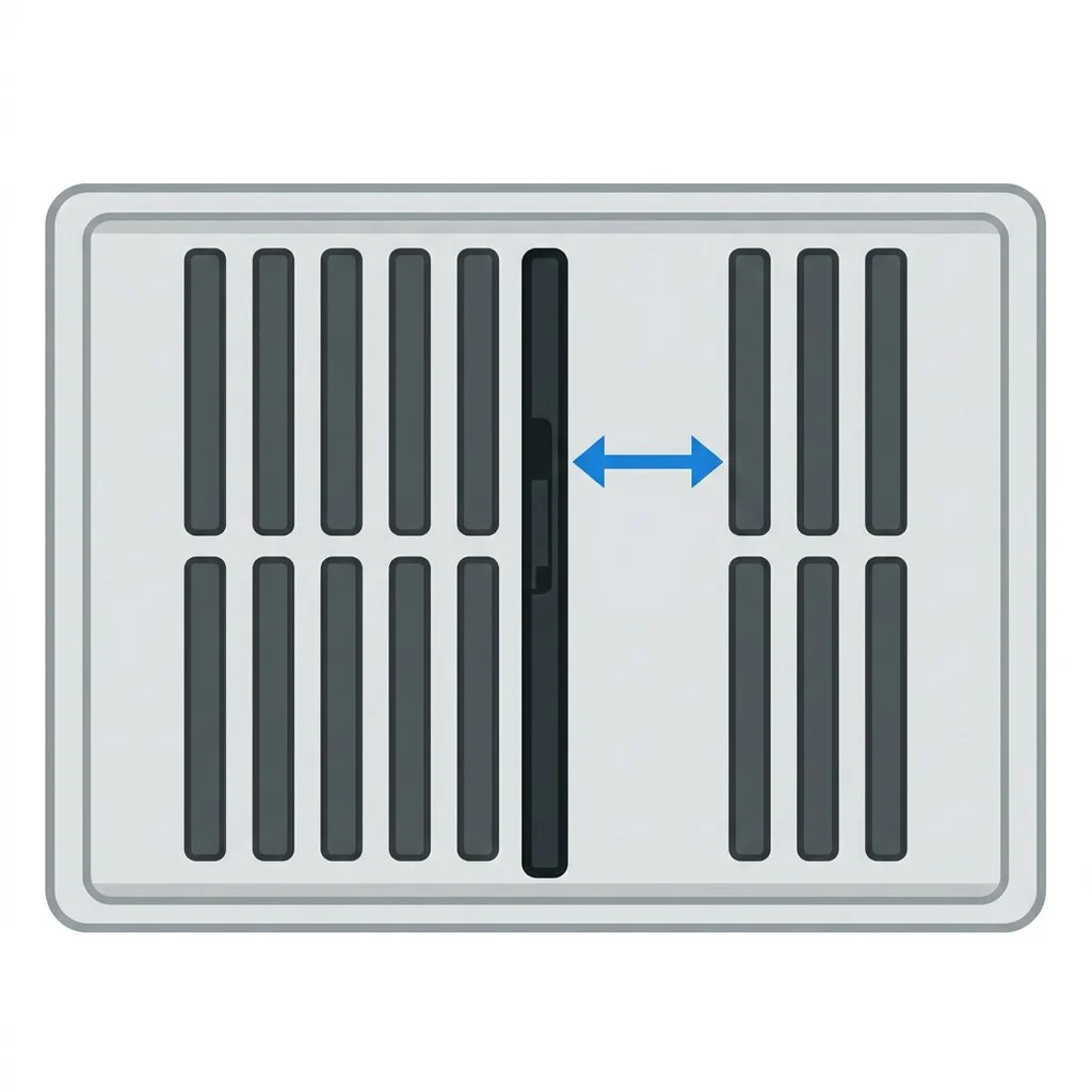 A diagram of a ventilation grille with a sliding adjustable cover, showing the cover moved to increase the opening width.