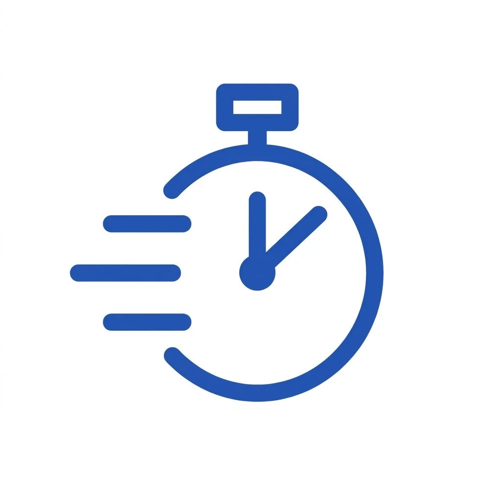 Blue stopwatch icon with motion lines indicating speed or quickness.