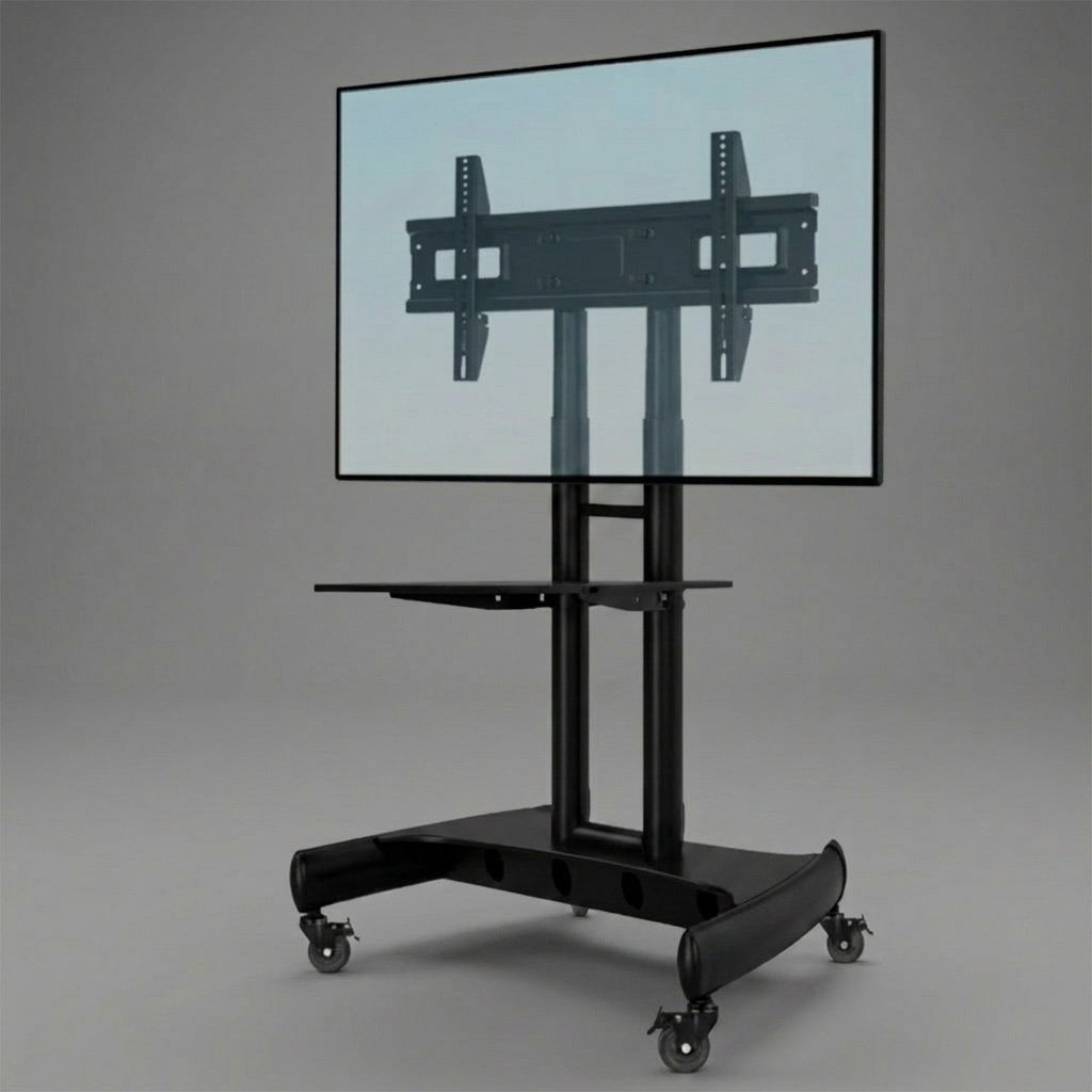 Mobile TV stand on wheels with a mounted flat-screen monitor showing a close-up of its mounting bracket.