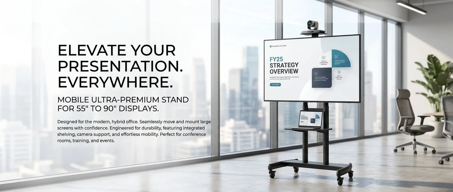 A mobile stand with a large display screen, a camera on top, and a smaller screen below, set up in a modern office space with large windows, chairs, and plants.