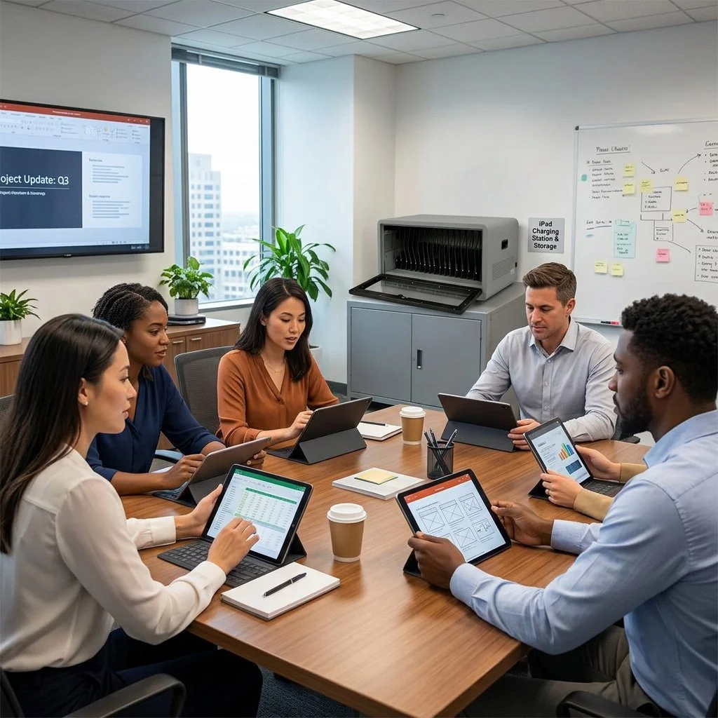 A diverse group of six people in a business meeting in a conference room, discussing and working on tablets and laptops. There are notebooks and coffee cups on the table, a whiteboard with notes and diagrams, a large window with a city view, and a wall-mounted screen displaying a PowerPoint presentation.