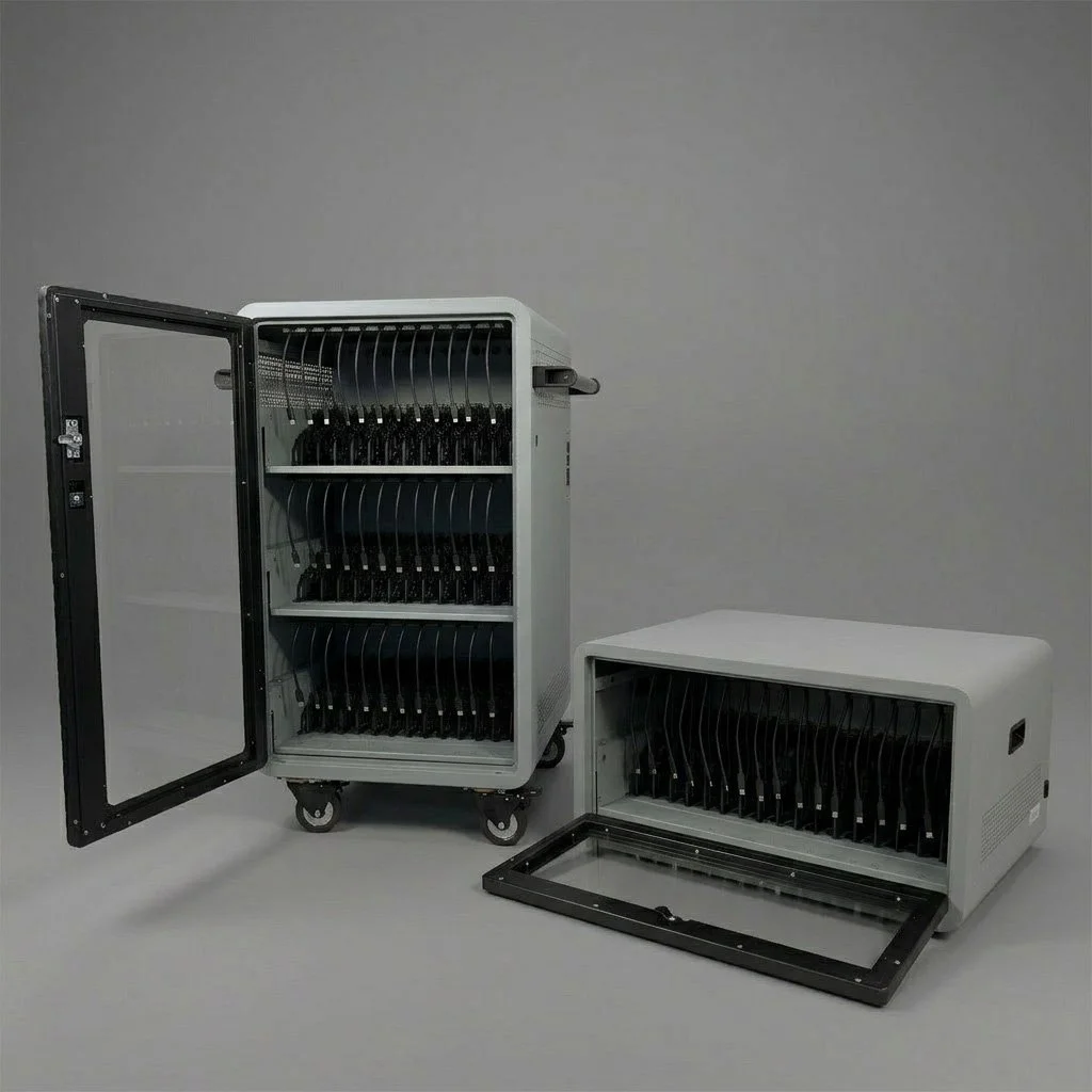 Two white electronic device cabinets with glass doors, containing multiple black slot racks, one cabinet is on wheels and standing upright with its door open, while the other is lying on its side with its door removed