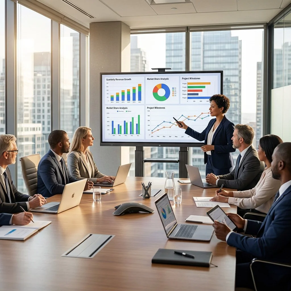 Business meeting in a modern conference room with large windows showing city buildings, where a woman is presenting various charts and graphs on a screen to a group of professionals.